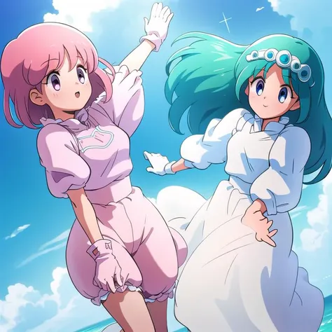 two anime characters are standing on the beach with their arms in the air