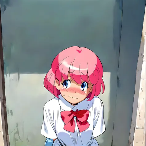 anime girl with pink hair and a bow tie sitting on a toilet