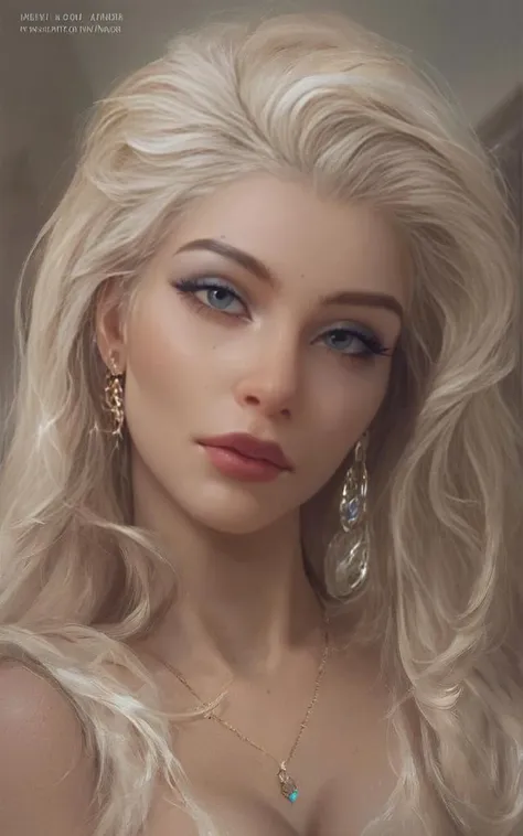 a close up of a woman with long blonde hair and earrings