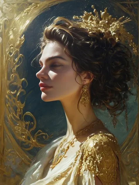 a painting of a woman in a gold dress and tiable