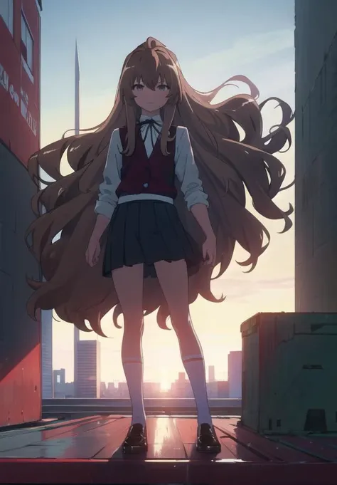 (4K quality:1), ((masterpiece, best quality)), thoughtful, pretty girl, 1girl, full body, school uniform, white shirt and black skirt, stands on the edge of the roof of a tall building, a big city, high-rise buildings, blue sky with clouds in the backgroun...