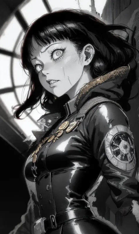 <lora:by_junji_ito_finetuned_0.01:1>, by junji ito, , spacecraft hangar, heroic female fighter pilot, intricate highly detailed formal Battleship Gray Burnished copper leather uniform, sci-fi, futuristic, cyberpunk, medals, utility belt, dramatic cinematic...