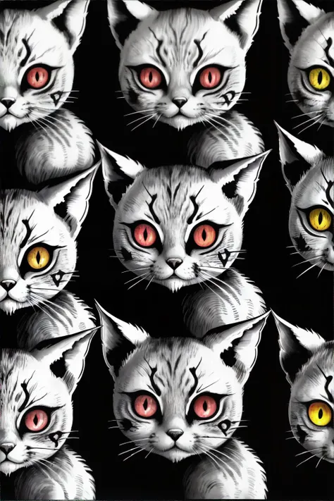 <lora:junjiitostyle:0.6> a group of cats, junji ito style, inked, horror, masterpiece, 8k, high resolution, shallow depth of field, sharp focus