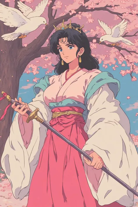 1990s retro anime illustration, a japanese woman dressed in a traditional kimono, adorned with a black crown, is holding a sword...