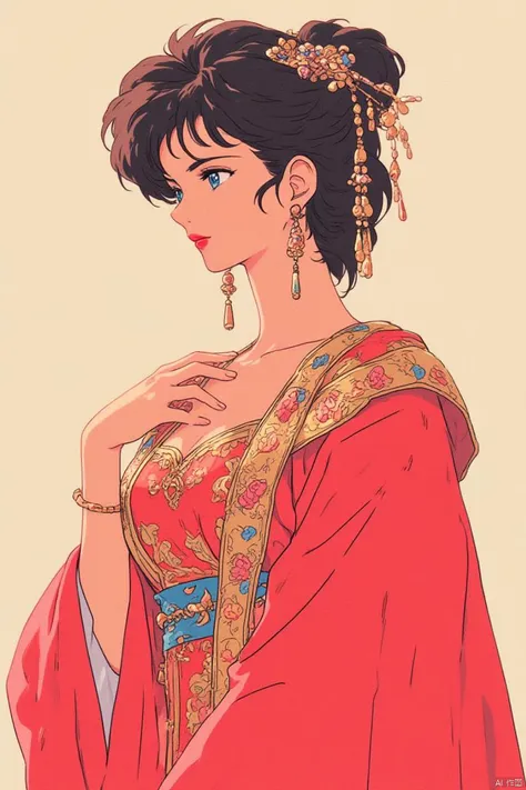 1990s retro anime illustration, a woman adorned in an elaborate traditional chinese outfit. she wears a striking red dress with ...