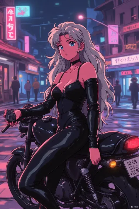 1990s retro anime illustration, a gorgeous girl with long silver hair in a tight latex catsuit leaning against a motorcycle in a...