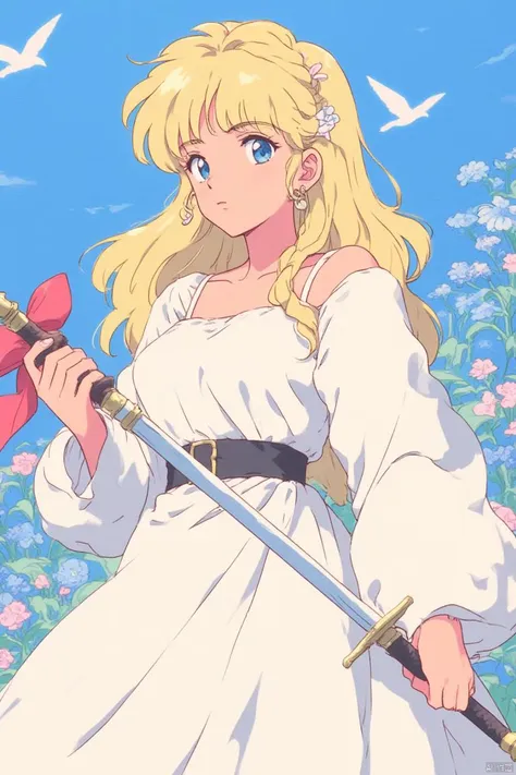 1990s retro anime illustration, a girl with long blonde hair and blue eyes is holding a sword in her right hand. she is wearing ...