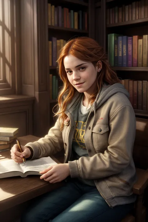 Hermione_Granger_Emma_Watson-4400, a woman, smile in face, Pencil in her hand, happy, golden hair, curley, pretty, in library, books, detailed, hdr, epic background, line art, digital illustration, comic style, dynamic, highly detailed, artstation, concept...