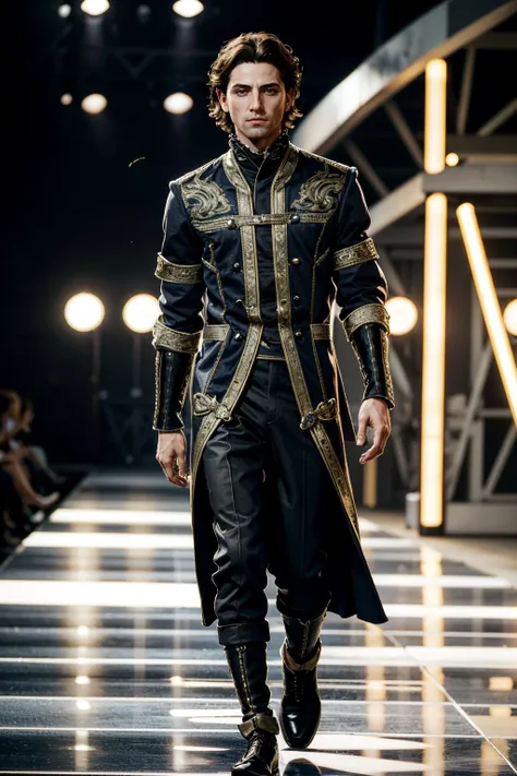 a man in a black and gold outfit walking down a runway