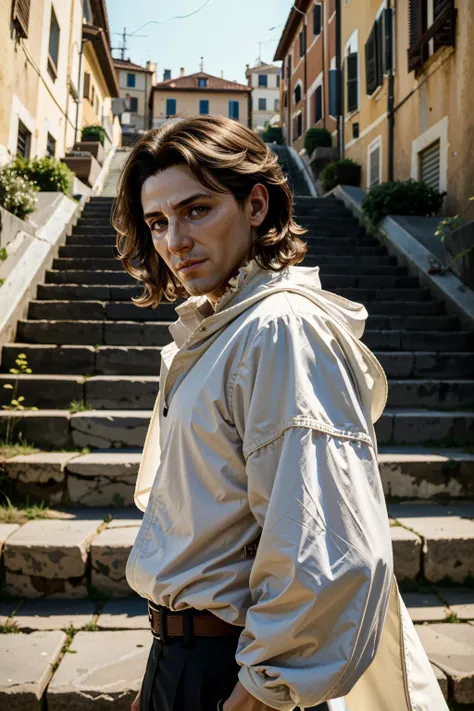 arafed man in a white jacket standing on a stone staircase