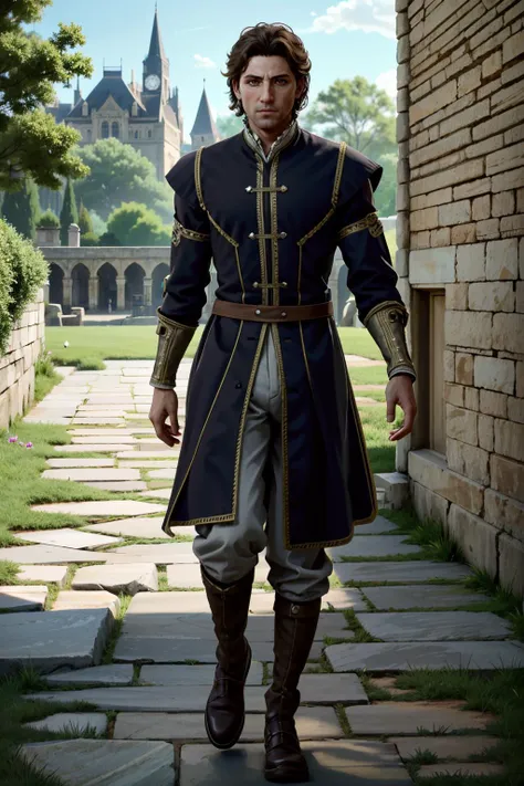 a man in a blue coat and brown boots walking down a path