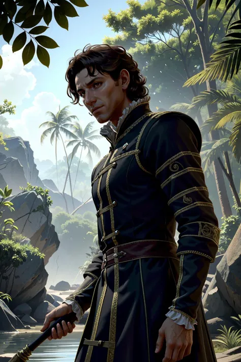 a man in a black coat holding a sword in a jungle