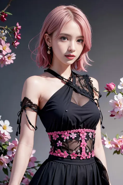 a woman with pink hair and a black dress posing for a picture