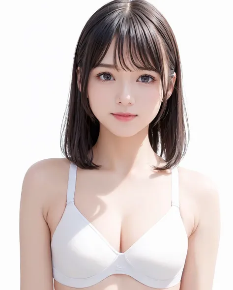 best quality, photorealistic, 8k, high res, 1girl, woman, (skindentation), (portrait:0.6), gorgeous, ((whitebackground, sport bra, small breast:1.65)), (short wavy hair, parted bangs:1.6), looking at viewer, (1girl eyes looking at viewer:1.6), photorealis...