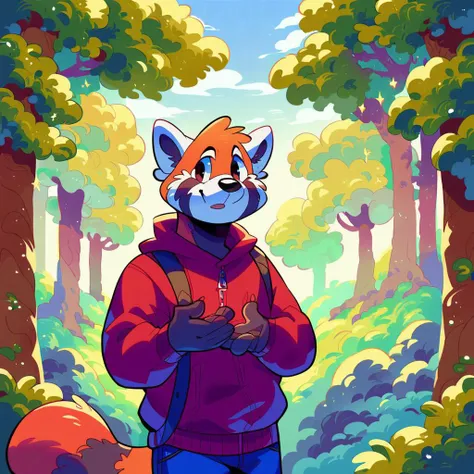 a cartoon fox in a red jacket and blue pants standing in a forest