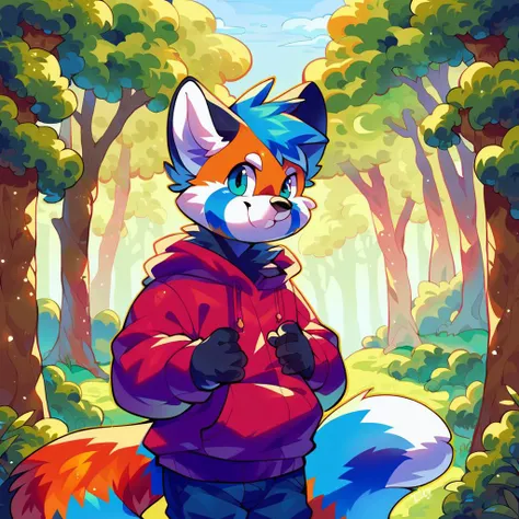 a cartoon fox in a red jacket standing in the woods