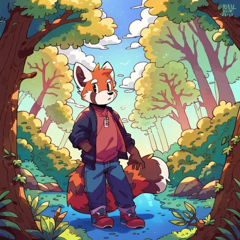 a cartoon fox standing in the woods with a backpack