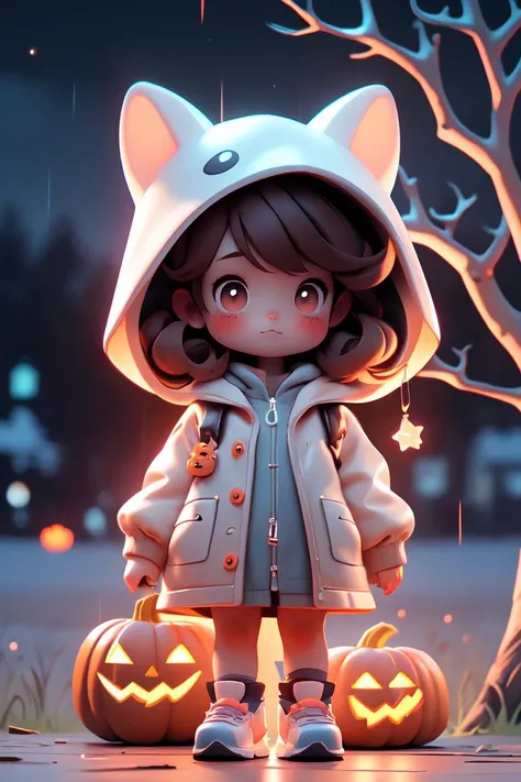 masterpiece,best quality,4k,1girl,raincoat,pop style,glowing,solo,looking at viewer,halloween,pumpkin,blush,long hair,bangs,brown hair,animal ears,brown eyes,standing,outdoors,shoes,blurry,tree,see-through,night,blurry background,animal hood,<lora:GlowingP...