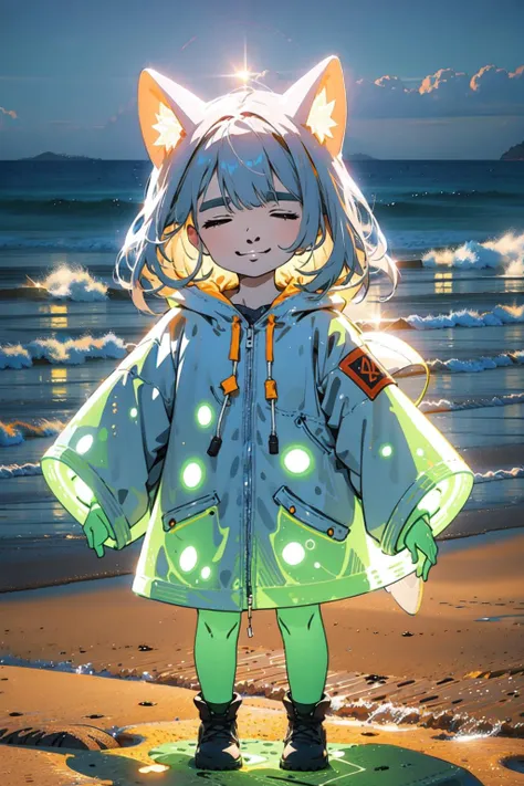 a cartoon of a girl with a cat ears and a green coat