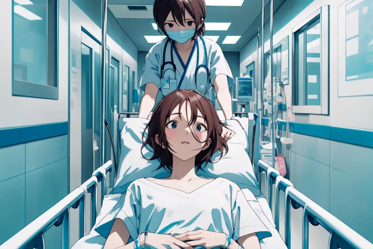 anime characters in hospital gowns are standing around a patient