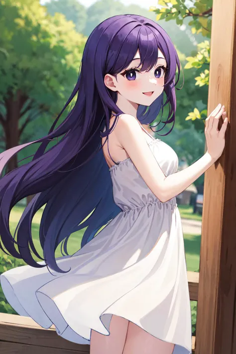 masterpiece, best quality, highres, 1girl, solo, long hair, purple hair, bangs, black eyes, bright pupils, white pupils, white skin, <lora:mari_(omori)_v1:0.7>, sundress, white dress, smile,