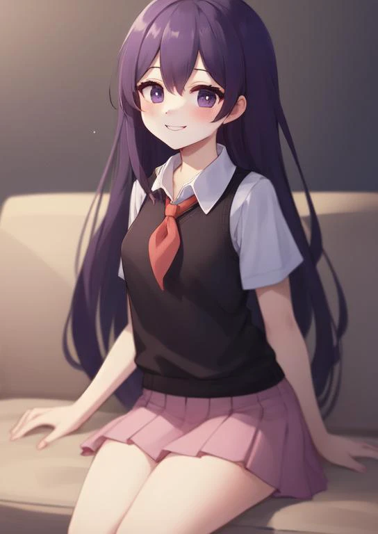 (masterpiece, best quality:1.2), extremely detailed, soft ambient lighting, sharp focus, 4K, BREAK <lora:mari_(omori)_v1:0.7>, 1girl, solo, long hair, purple hair, bangs, black eyes, bright pupils, white pupils, white skin, school uniform, red neckerchief,...