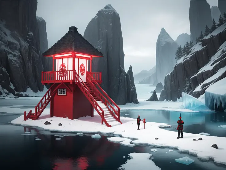 surreal, abstract, red, (dazzling guard tower with ice|sensual pier with plague )