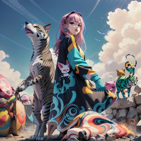 anime girl with pink hair and a cat standing in front of a group of animals