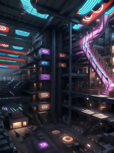 a view of a futuristic city with neon lights and a staircase