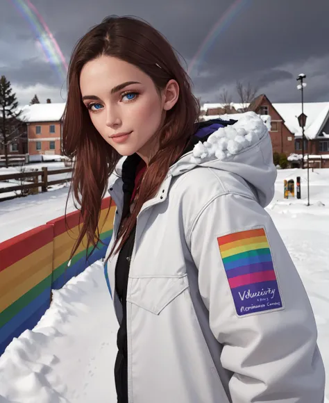 1 girl, (Kitch),  Transgender Female, smile,  blue eyes, solo, voluptuous, auburn hair, long hair, detailed face, detailed eyes, (rainbow colored coat, rainbow colored jacket,)   (masterpiece:1.3), (best quality:1.2), (intricate detailed:1.2), highly detai...