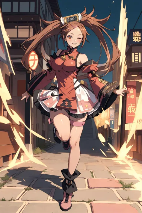 <lora:kuradoberi_jam:0.9> kuradoberi jam,long hair,large breasts,hair ornament,hairclip,china dress,chinese clothes,bare shoulders,detached sleeves,skirt,boots,pink thigh strap,ankle boots <lora:leftwink_v120:1> one eye closed, wink,smile, standing on one ...