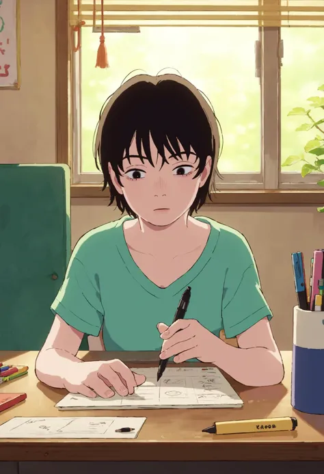 anime girl sitting at a desk writing in a notebook