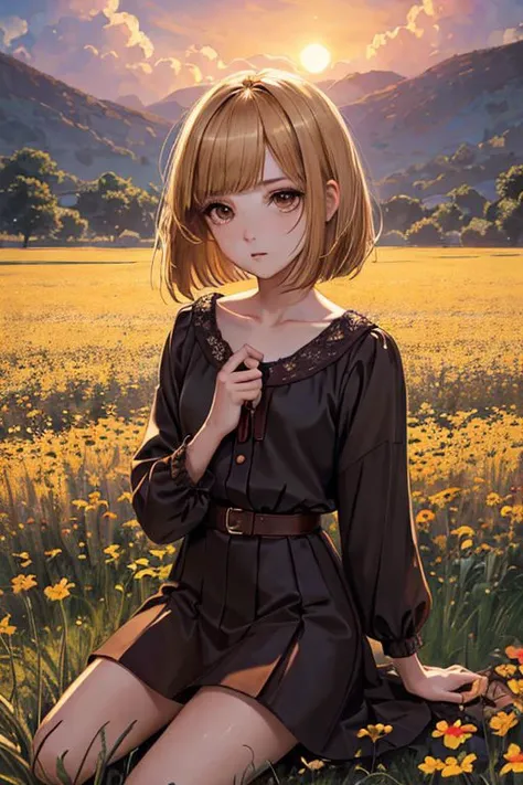 (masterpiece entire style, best quality, dusk:1.3), a cute spanish girl, portrait-type, brown, slender, worried, medium blonde choppy bob, eye shadow, flower field background, Intricate, trending on Behance, nsfw