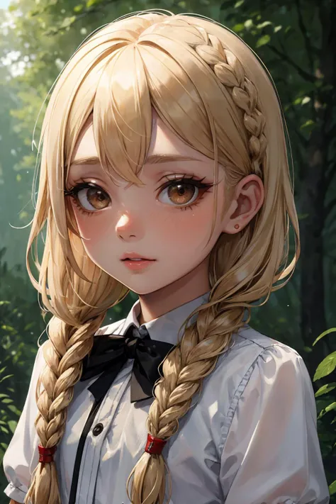 (masterpiece tiny style, best quality, evening:1.3), a cute portuguese girl, portrait-type, fair, elegant, grimace, dirty blonde fishtail braid, mascara, forest background, Detailed, trending on Google Images, nsfw"