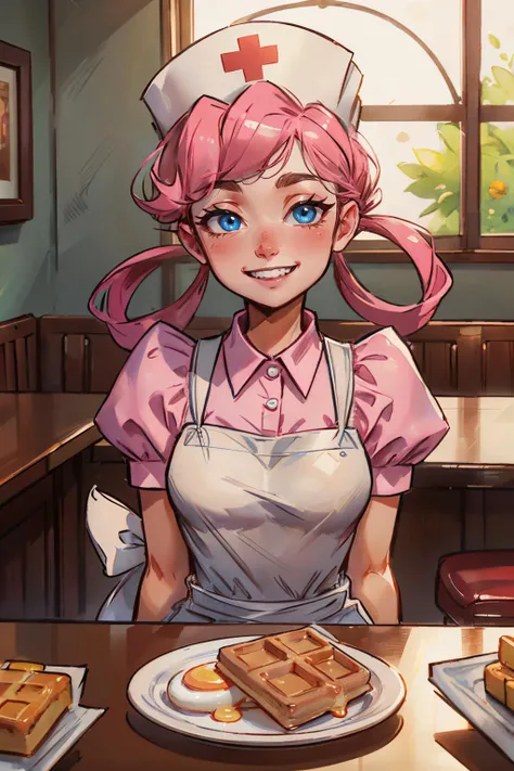 nurse joy, blue eyes, pink hair, hair rings, nurse cap, pink shirt, apron, looking at viewer, smiling, happy, teeth, upper body shot, sitting, behind a table, inside diner, table full of food, waffles, eggs, soft lighting, high quality, masterpiece <lora:P...