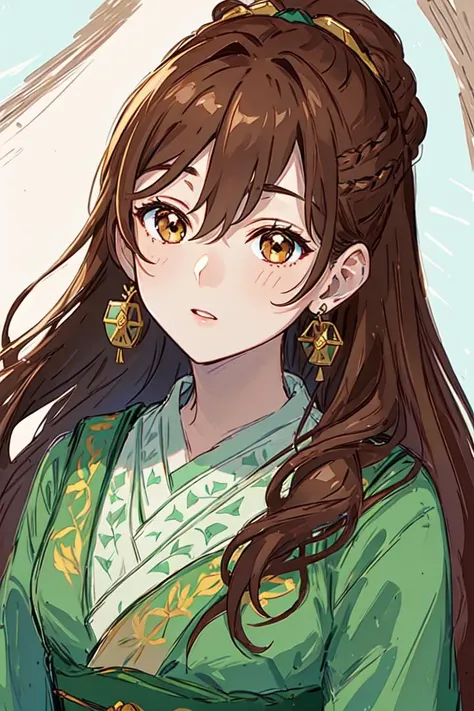 a woman with long hair wearing a green dress and earrings