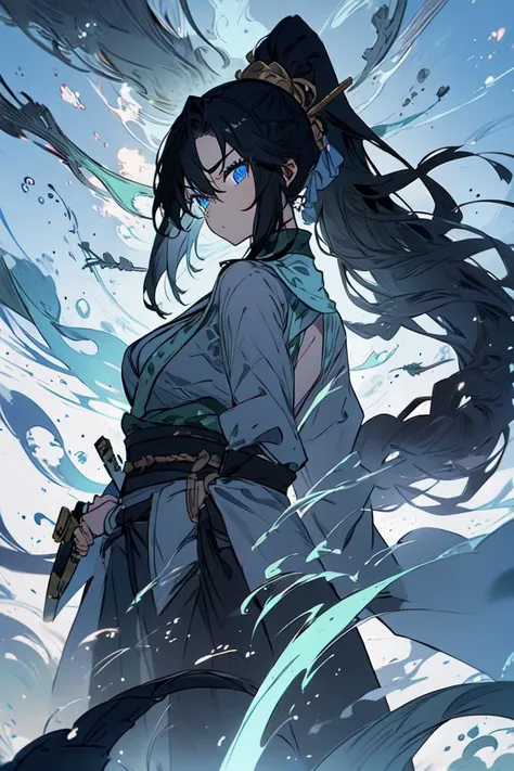 a woman with long hair and a sword in the water