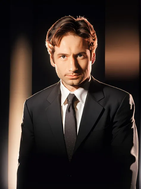 foxmulder, man, short hair, brown hair, black suit, white shirt, tie, abstract background containing the letter "x", black background, backlight, abstract, looking at viewer,
<lora:FoxMulderPonyXL:1>