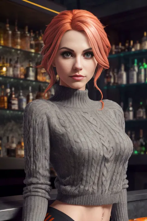 a headshot of a sexy S055_Rolyat, in a (bar:1.3), wearing a (gray-sweater:1.2), (orange-hair), (8k, RAW photo, best quality, ultra high res, depth of field:1.1), (absurdres, intricate, photorealistic, masterpiece, ultra-detailed, Unreal Engine:1.3)