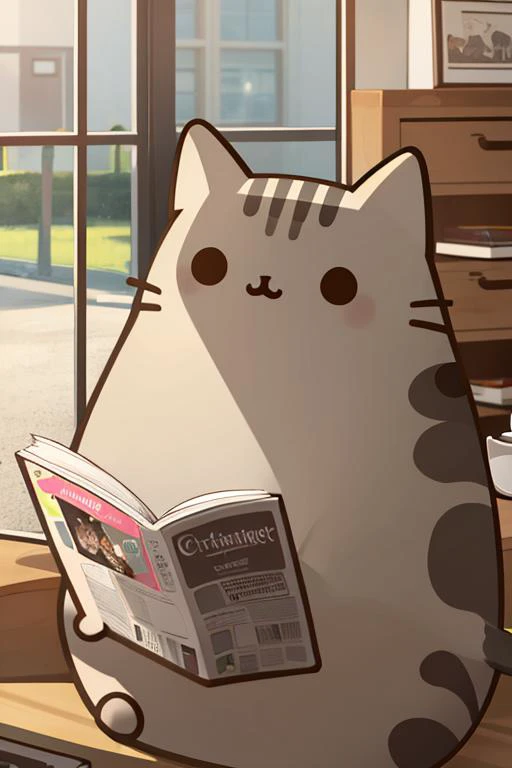 ((masterpiece,best quality)), absurdres, <lora:Pusheen:0.5>, Pusheen, animal focus, cat, coffee mug, reading newspapwer, crime city