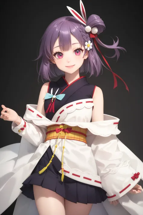 (masterpiece, best quality:1.2), <lyco:vtuber_tenjin-08:1.0>, cowboy shot, solo, 1girl, tenjin kotone, smile, looking at viewer, one side up, hair flower, japanese clothes, black skirt, pleated skirt