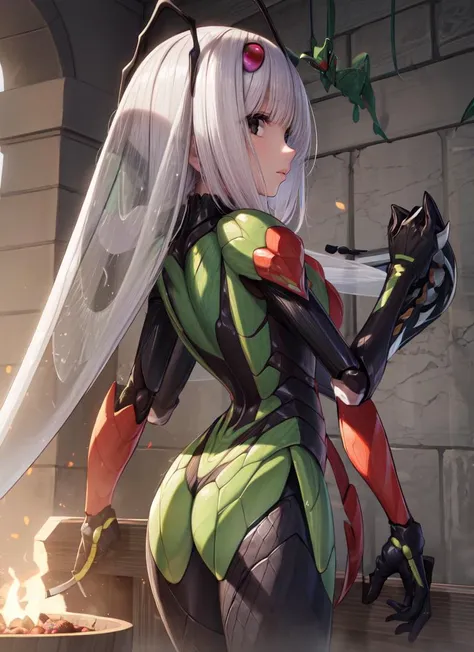 ((best quality)), ((highly detailed)), detailed face, beautiful face, , (1girl), from behind, looking back, upper body, <lora:hairdetailer:.9>, -((mantis girl)), arthropod girl, ((monster girl)), praying mantis, chitin, ((antennae)), black eyes, ((insect w...