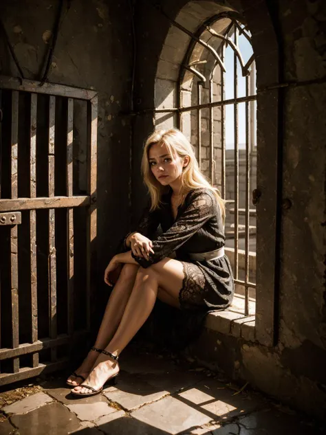 arafed woman sitting on a window ledge in a jail cell