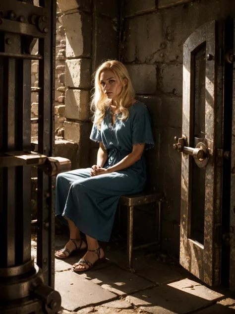 arafed woman sitting in a jail cell with a door open