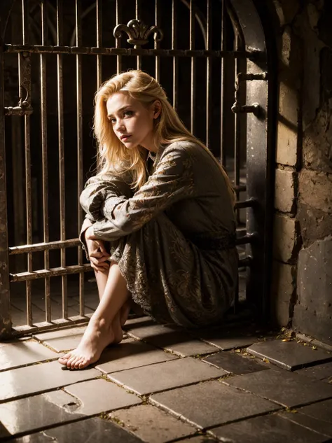 arafed woman sitting on the ground in front of a jail cell