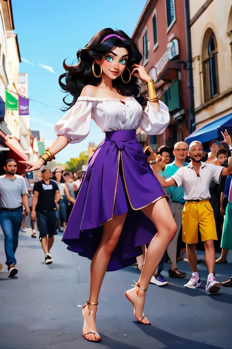 esmeralda,hoop earrings, green eyes,hairband, long black hair, dark skin, bracelet, white shirt, off shoulder cleavage, long purple skirt, barefoot, looking at viewer, smiling, full body shot, dancing, outside, market, crowd, blu sky, high quality, masterp...