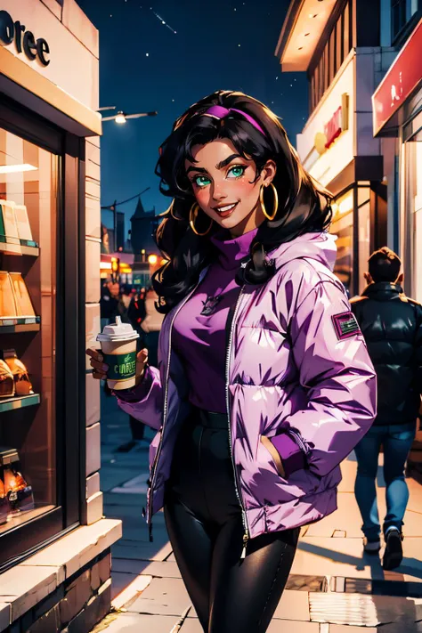 esmeralda,hoop earrings, green eyes,hairband, long black hair, dark skin, puffy jacket, purple turtleneck, black leggings, looking at viewer, smiling, blush, standing, medium shot, holding coffee cup, outside, mall, crowd, night,  high quality, masterpiece...