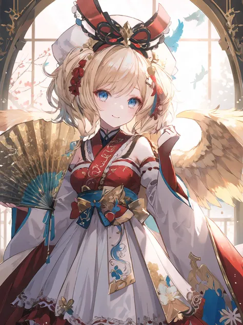 anime girl with angel wings and a fan in her hand