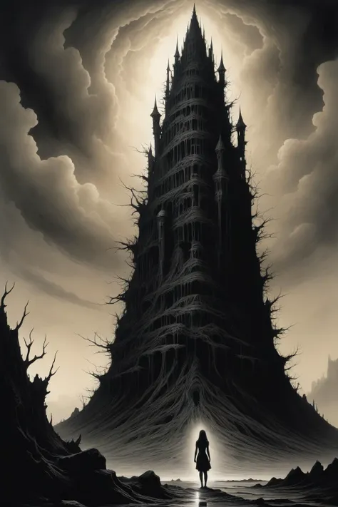 (best quality, masterpiece, high resolution:1.2),Embark on a journey into the surreal and absurd with an ink painting depicting a girl intricately building a huge tower for God from human bodies,bones and flesh. The composition explores the boundaries of r...