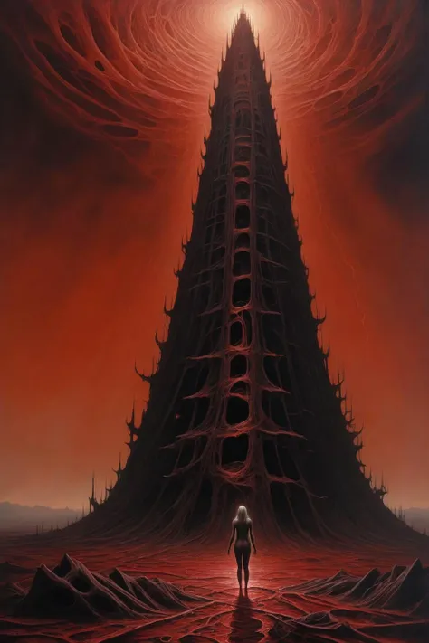 (best quality, masterpiece, high resolution:1.2),Embark on a journey into the surreal and absurd with an oil painting depicting a girl intricately building a (giant creepy tower for God from human bodies,bones and flesh:1.2). The composition explores the b...